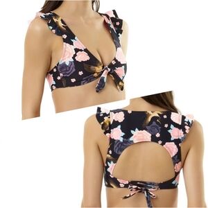 NWT Time and Tru Kyoto Bikini Top Rick Black Pink Flowers Gold Birds Size XL